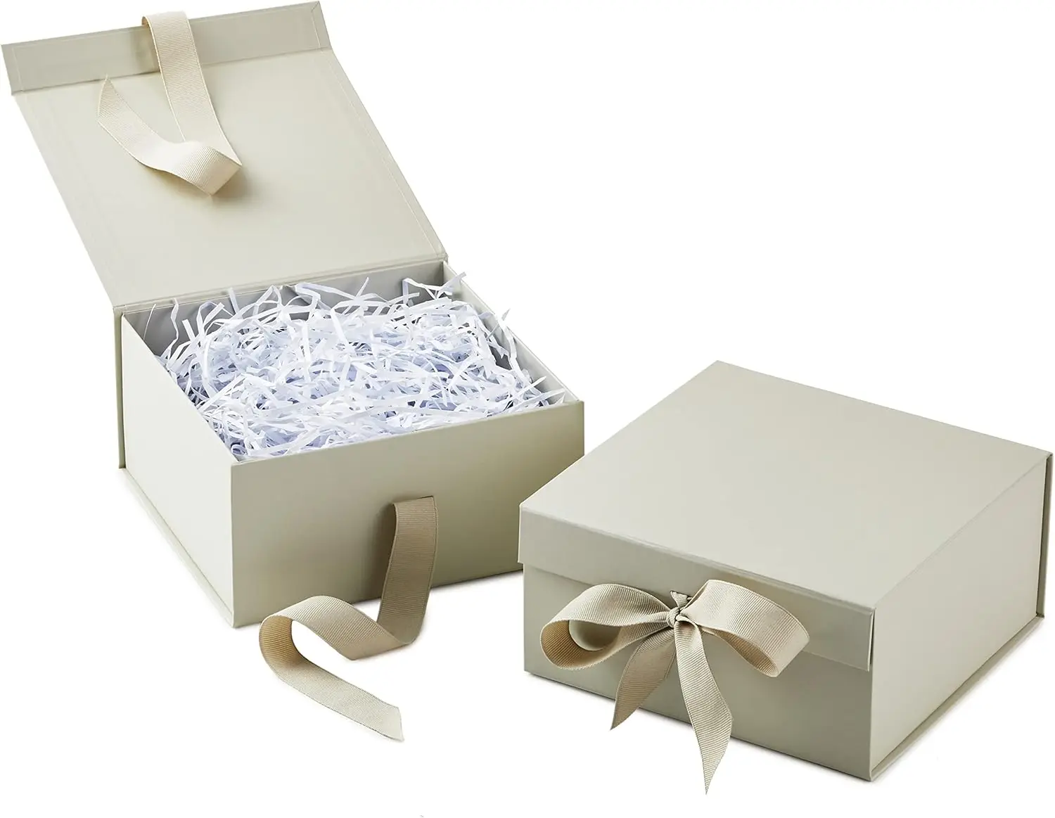 

Medium Gift Boxes with Bow and Shredded Paper Fill, Pack of 2 (Antique White 8 inch Box) for Weddings, Bridal Showers, Graduatio