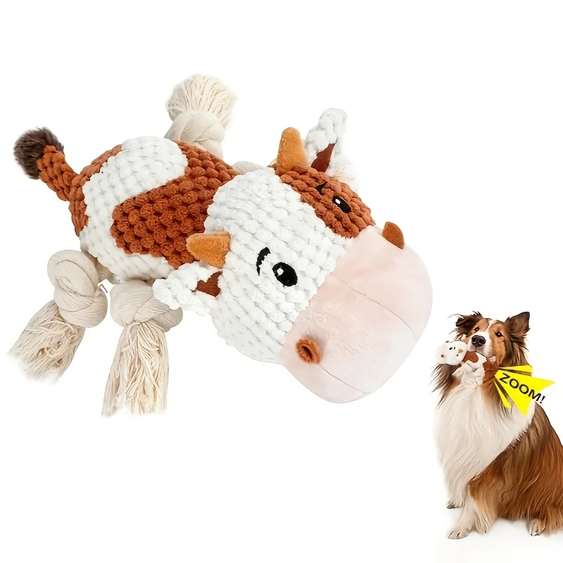 

Plush cow dog toy with rope, cute squeaking dog toy and wrinkled paper, suitable for small, medium, and large dogs to chew on