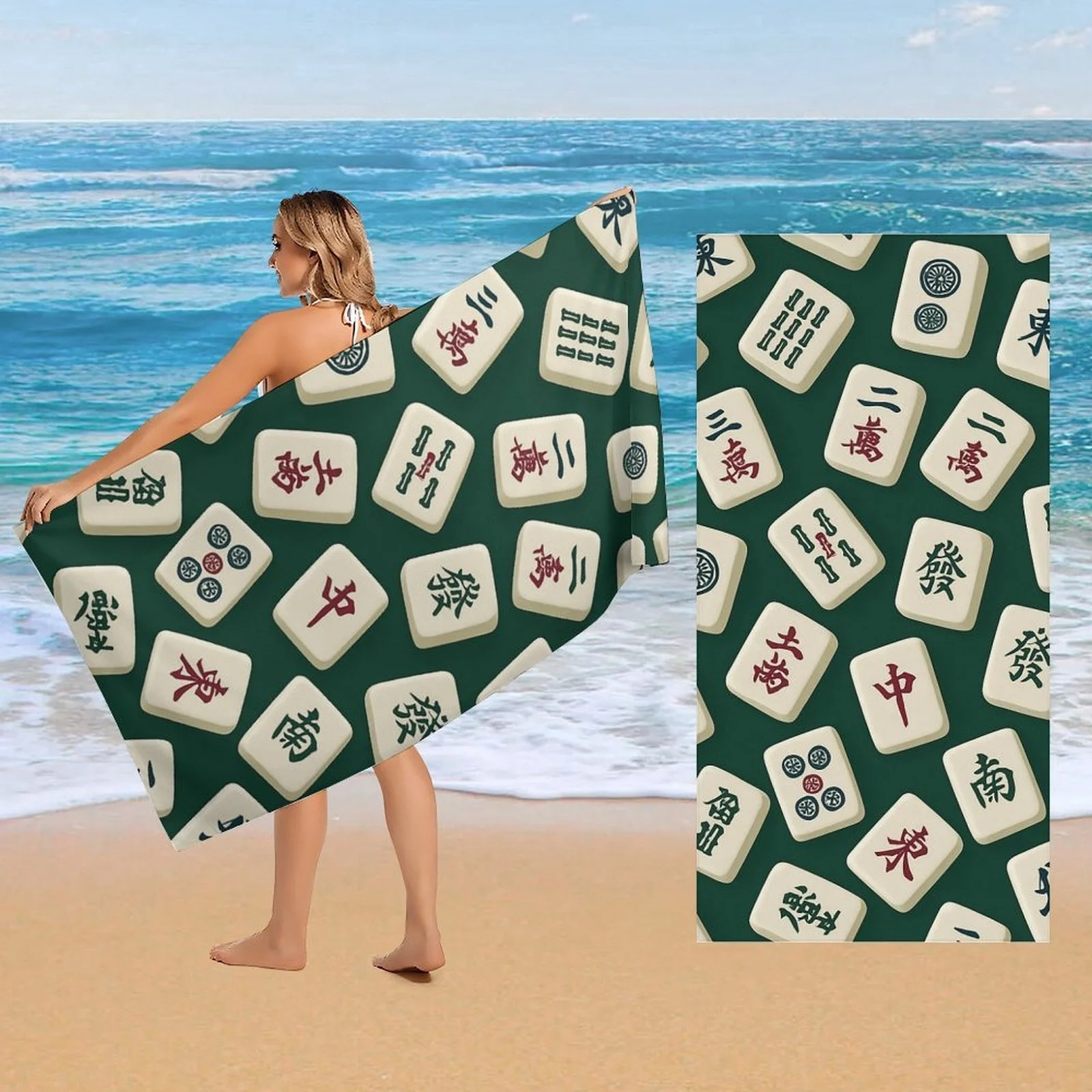 Mahjong Tiles Print Large Beach Towel Super Absorbent Quick Dry Lightweight Bath Sport Towel For Summer Swimming Camping Travel