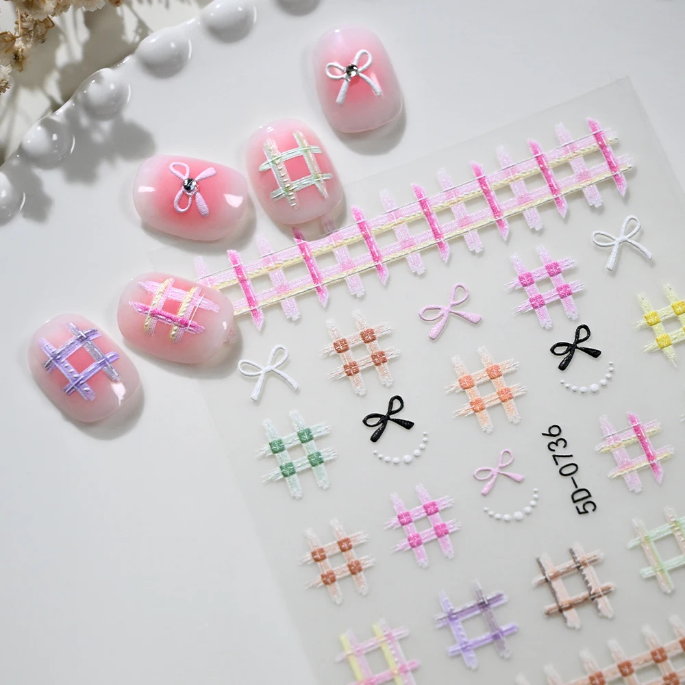 1pcs Pink Plaid Thick Yarn Weaving Nail Art Stickers Candy Color Bowknot Coarse Woolen Style Nail Decals Cute Manicure Decoratio