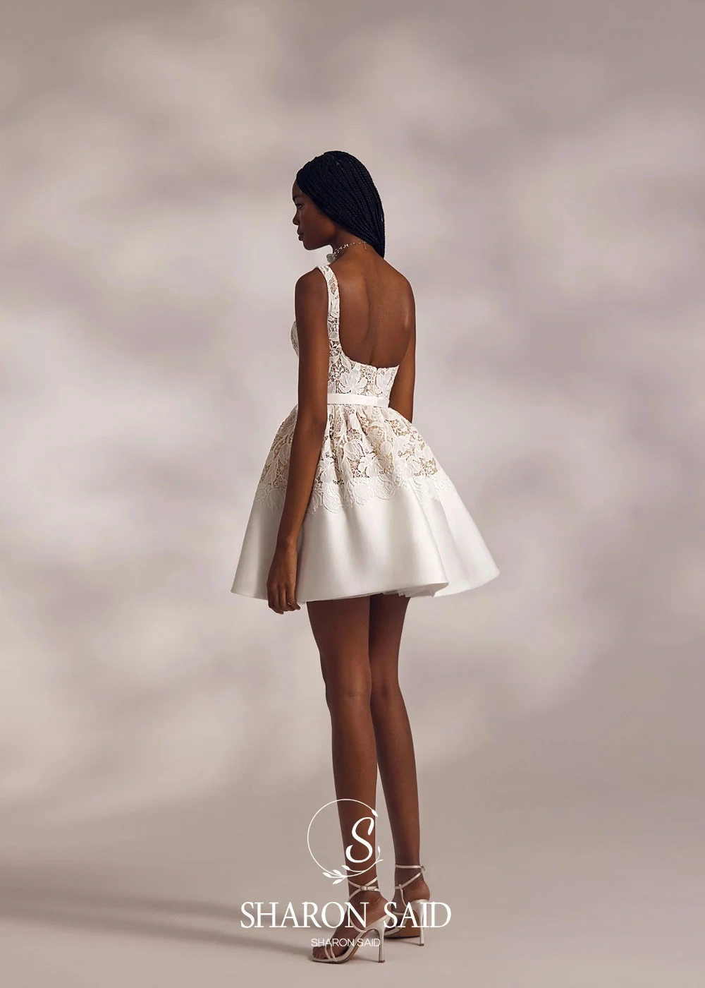 Sharon Said Elegante Spaghetti Band Off White Kant Trouwjurk 2025 Backless A-lijn Mini Korte Bruidsjurken SW244 Aangepaste