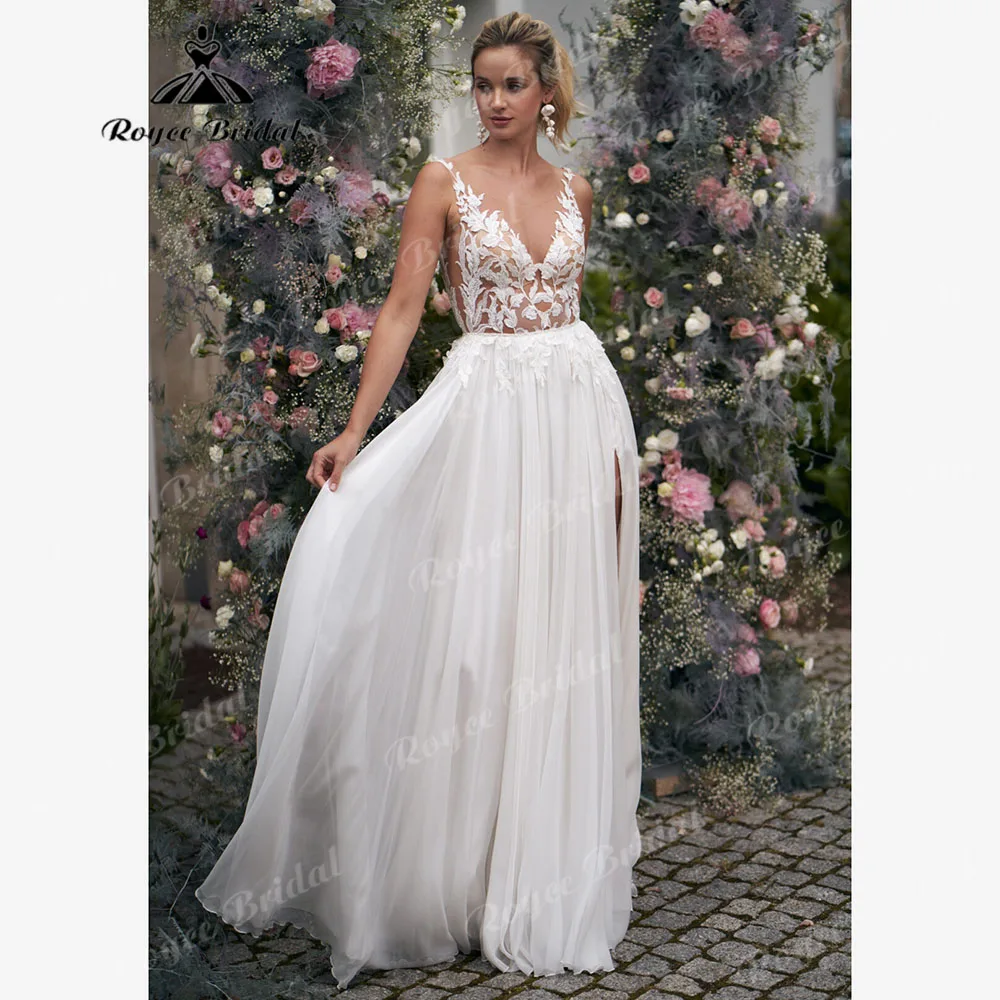 Sexy Flowy Split Side Chiffon Lace Boho Wedding Dress for Women 2024 Sleeveless Backless Bridal Gown vestidos de novia bohemios