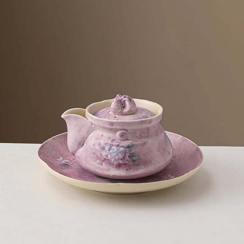 Hand-painted powder-induced hydrangea ceramic teapot high-value women's hand-grasped pot anti-scalding teapot household