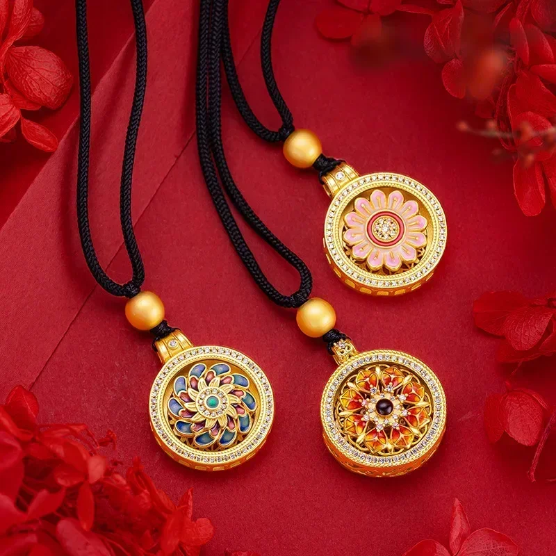 

999 24K real gold enamel compass pendant with ancient French filigree, burned blue compass, vintage black rope chain pendant