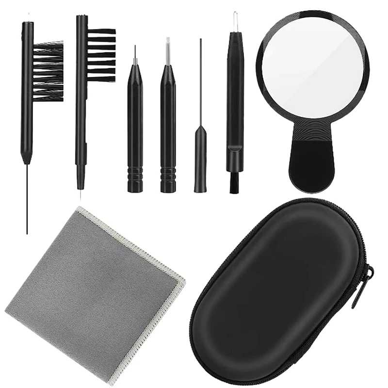 9Pcs/set Hearing Aid Cleaner Kits Hearing Aid Cleaning Tool Cleaning Brushes Dry Wipe Anti-static Cloth Dust Black Carry Case