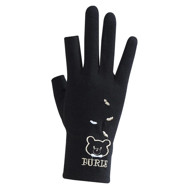 Summer Ladies Thin Gloves Comfortable Breathable Bear Embroidery Sunscreen Riding Two Finger Gloves