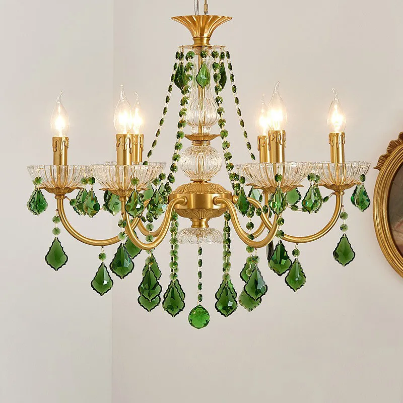 

French living room crystal chandelier bedroom dining room copper ink green pastoral all copper candle lamp