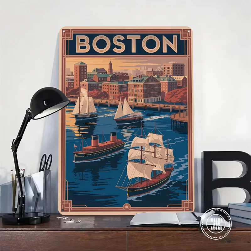 Boston Cityscape Vintage Travel Poster Retro 3D Printed Metal Signs Customized Wall Hanging Gift for Living Room Decoration Man