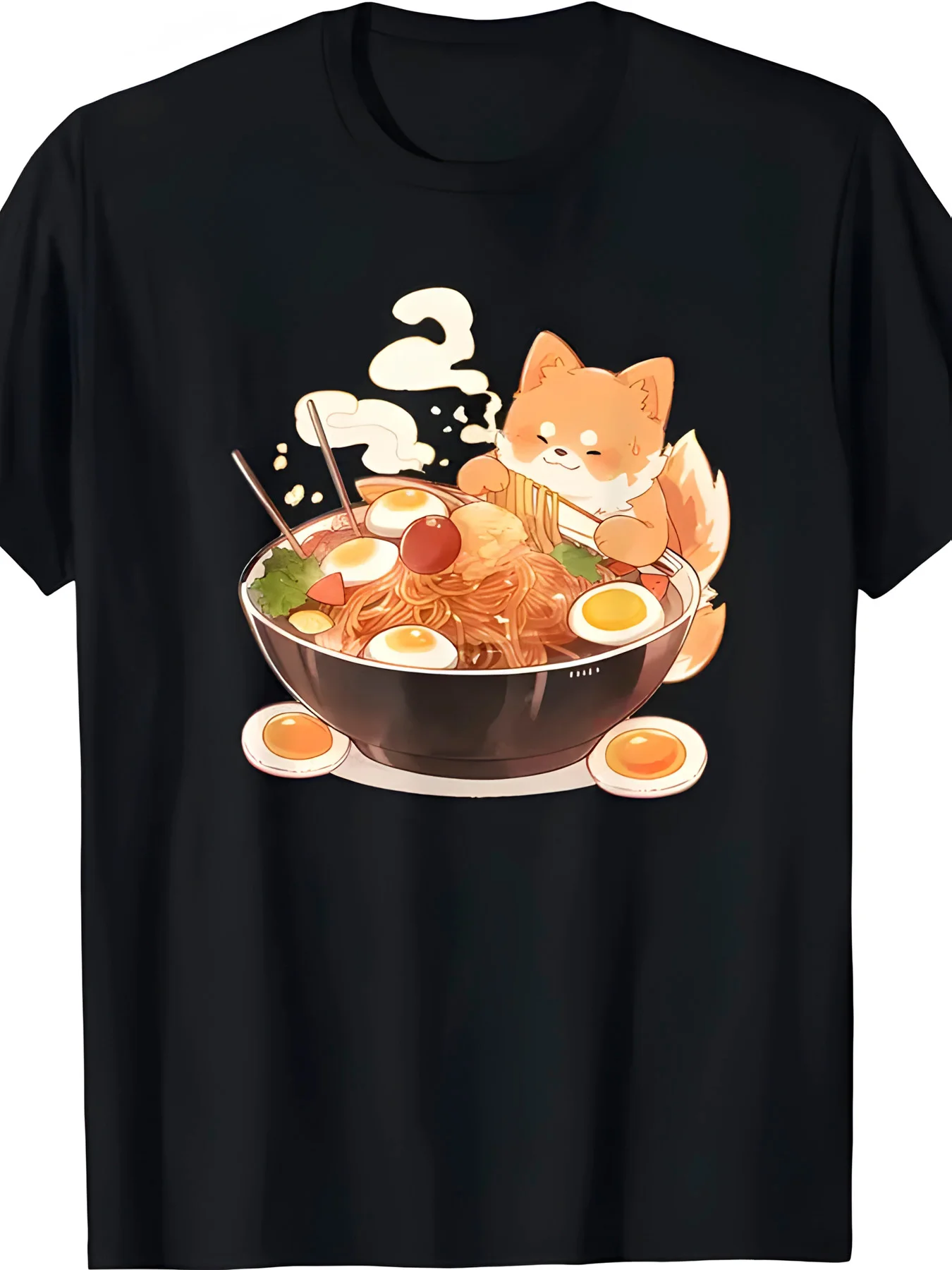 Men's Anime Ramen Dog & Fox Graphic T-Shirt - Casual Loose Fit Short Sleeve Round Neck Tee with Noodle Bowl Art