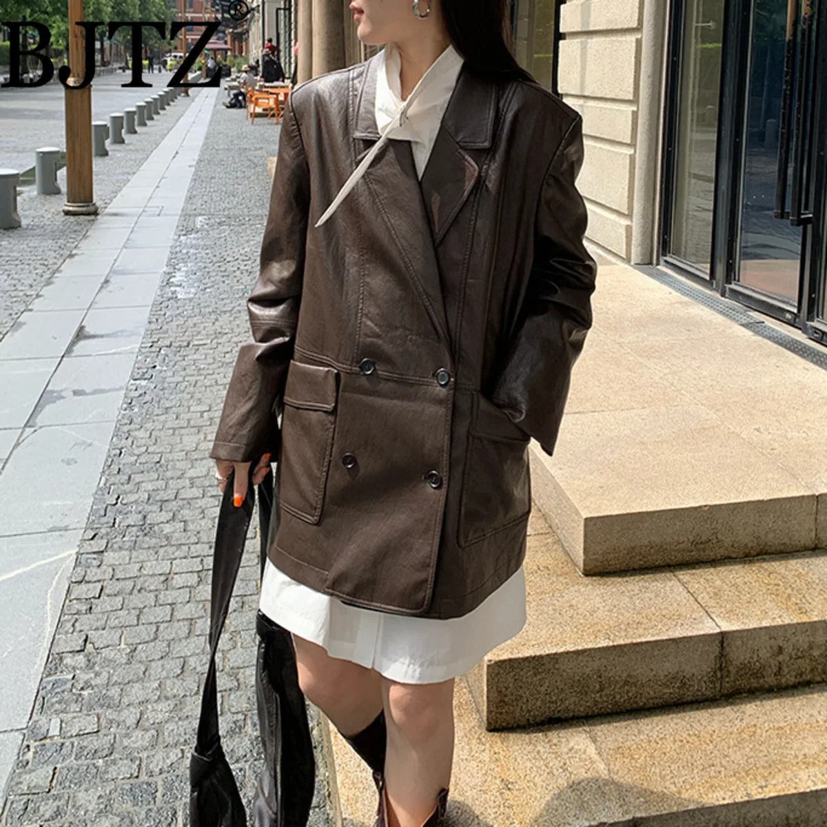 

BJTZ 2025 Autumn New Double-Breasted Suit Collar Mid-Length PU Leather Jacket For Women Fashion Loose Female Oversized Coat