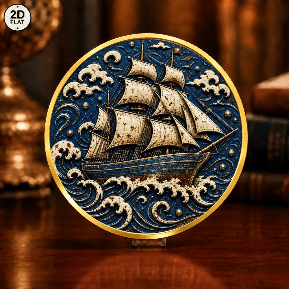 1pc Vintage Sailing Ship & Submarine Nautical Commemorative Coin Color Print Ocean Wave Collectible Coin Gift for Maritime Lover