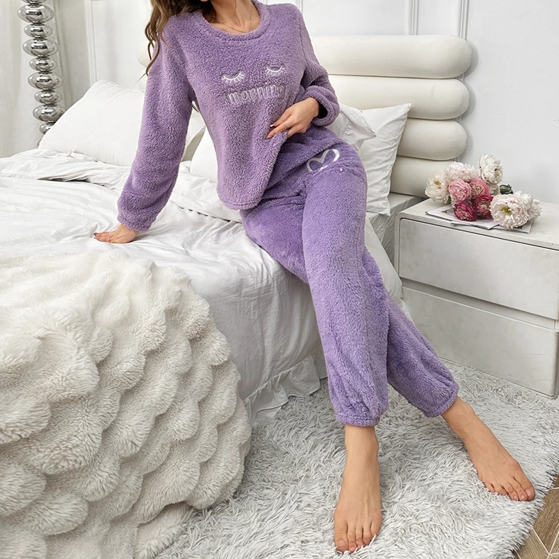 Violet flanelle femmes Pyjamas ensembles automne hiver manches longues pantalons longs décontracté vêtements de nuit doux Pijamas confortables Pyjamas Pjs confortable Pj