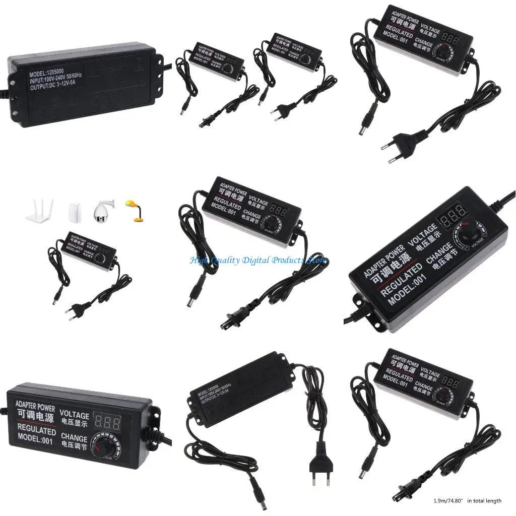 

U2JE Adjustable Power Supply Adapter AC100-240V to DC3-12V 5A 60W, Power Conversion Adaptor Converter with Voltages Display