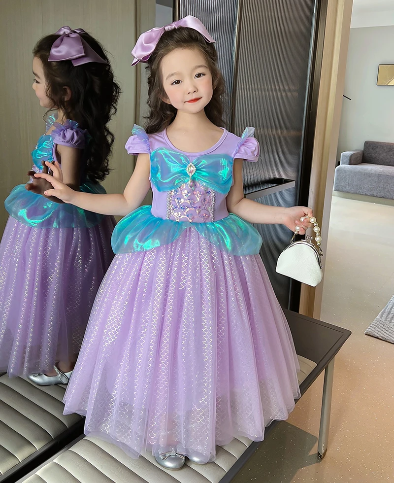 Mermaid Ariel Princess Dress for Big Bow Girl Purple Cartoon Cosplay Rapunzel Sophia Costume Mermaid Outfit Children Halloween