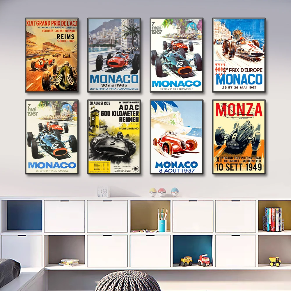 Vintage Car Races Monaco Prix F1 Racing Poster Canvas Painting Formula 1 Grand Prix Edition Racing Wall Art Pictures Home Decor