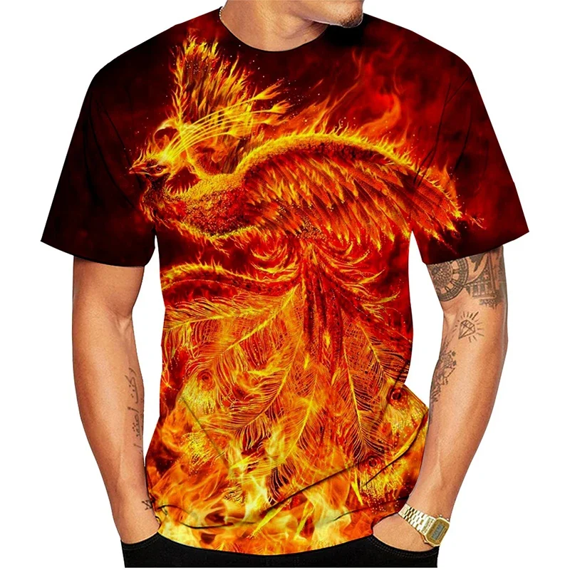 Modernes Phoenix-T-Shirt für Herren mit 3D-Druck-Vogelmuster – Street-Fashion, schnelltrocknend, atmungsaktiv, kurzärmelig – Detail 6
