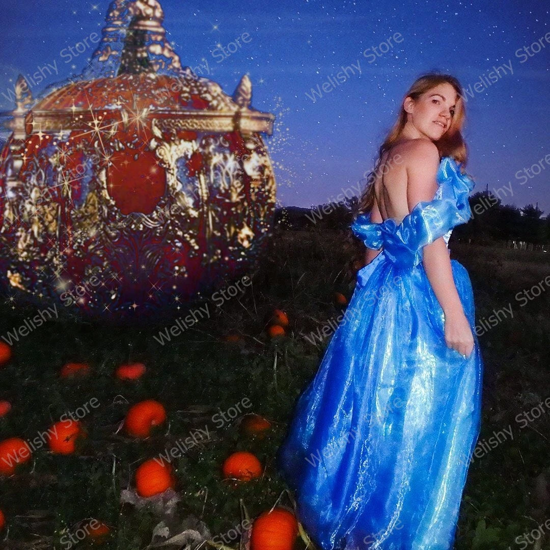 Princess Blue Soft Tulle Dresses Garden Off Shoulders Ruffled Long Birthday Party Gowns Women Sweetheart A-line Draped Dressing