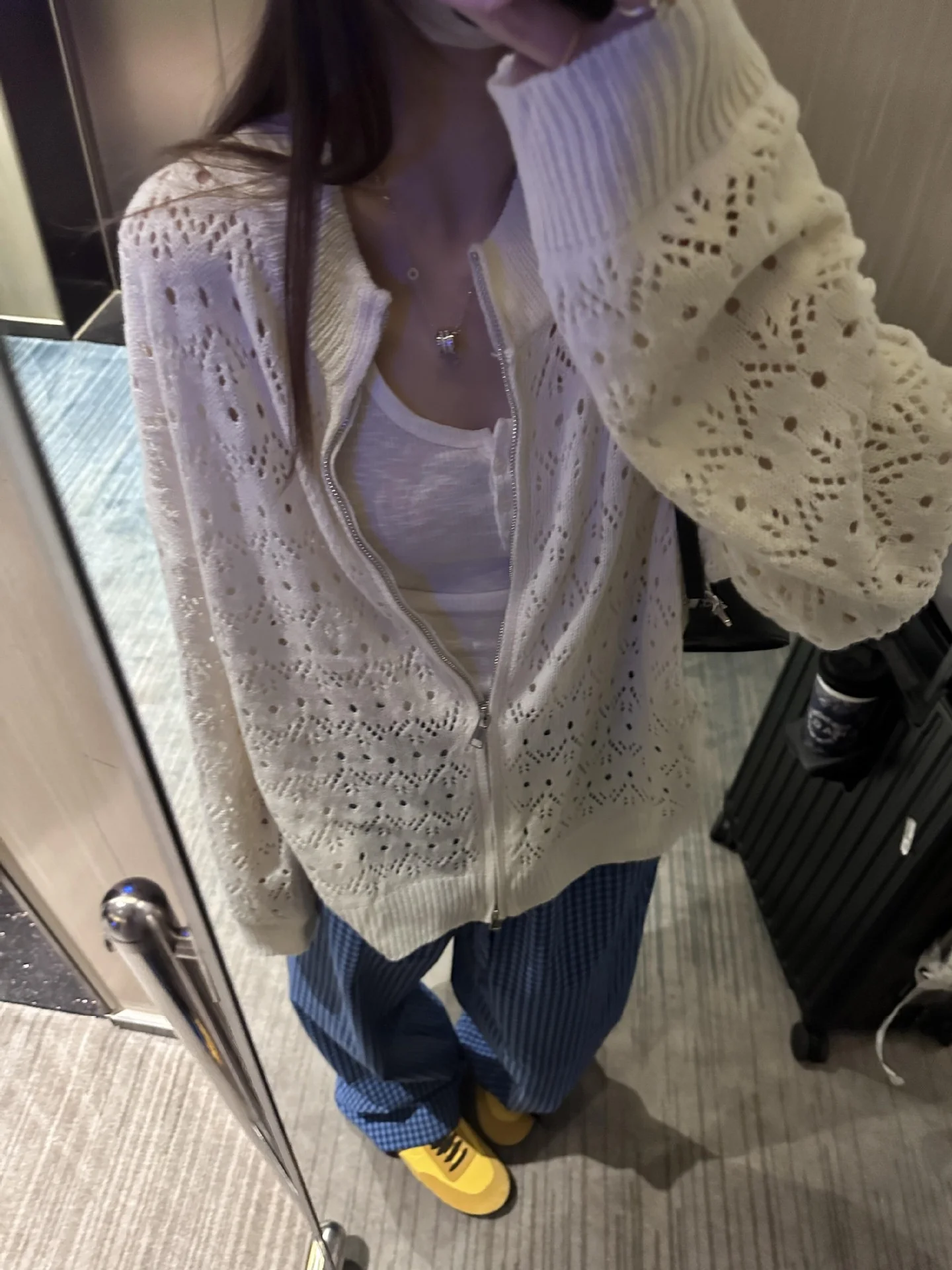 

Mid-Long Cardigans Zipper For Woman Plus Size Womens Autumn Bohemian Retro Niche Ruffled Plaid Lady Low-Neck Hollowed-Out Basic