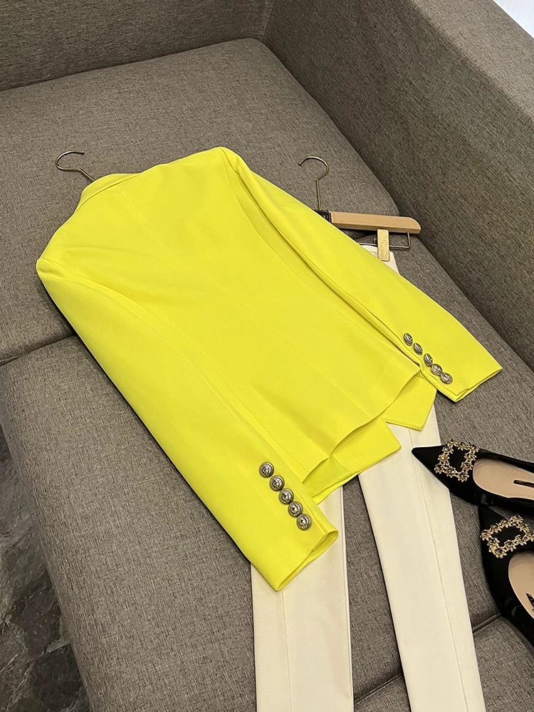 Ele Yellow Double-Breasted Slim Fit Autumn Winter Suit for Commuting Pure Color Trendy Ladies' Busin Wear