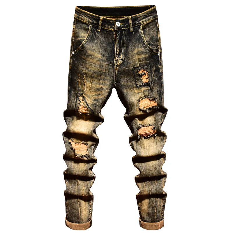 Retro Make Old Ripped Jeans Men's Stretch Yellow Mud Color Nostalgic Trendy Patch Slim-Fitting Ankle-Tied Motorcycle Trousers