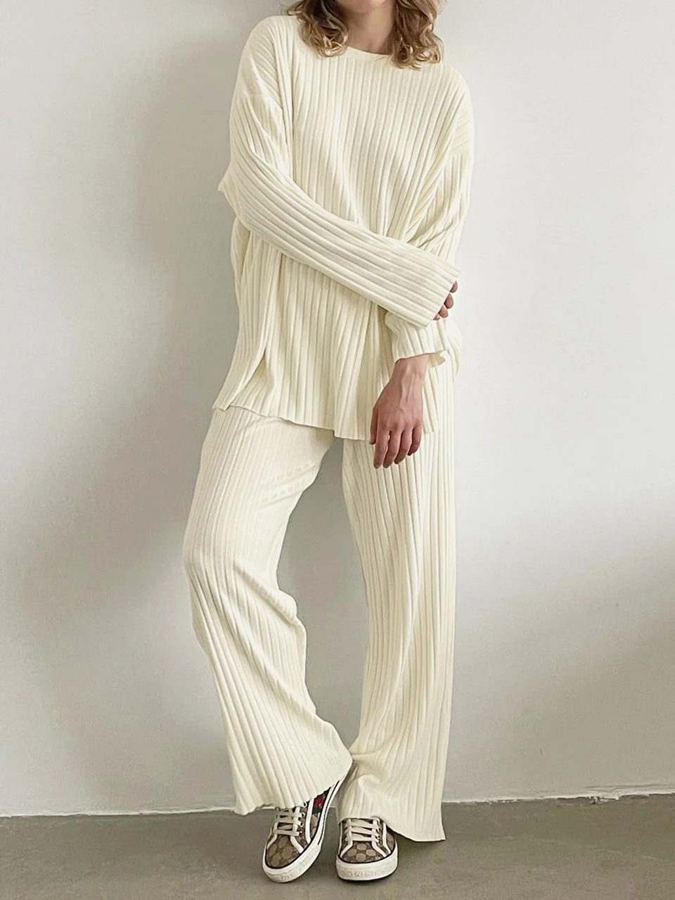 Linad Knitted Ribbed Pajamas For Women 2 Piece Sets Apricot Long Sleeve O Neck Sleepwear Female Loose Trouser Suits Autumn 2023