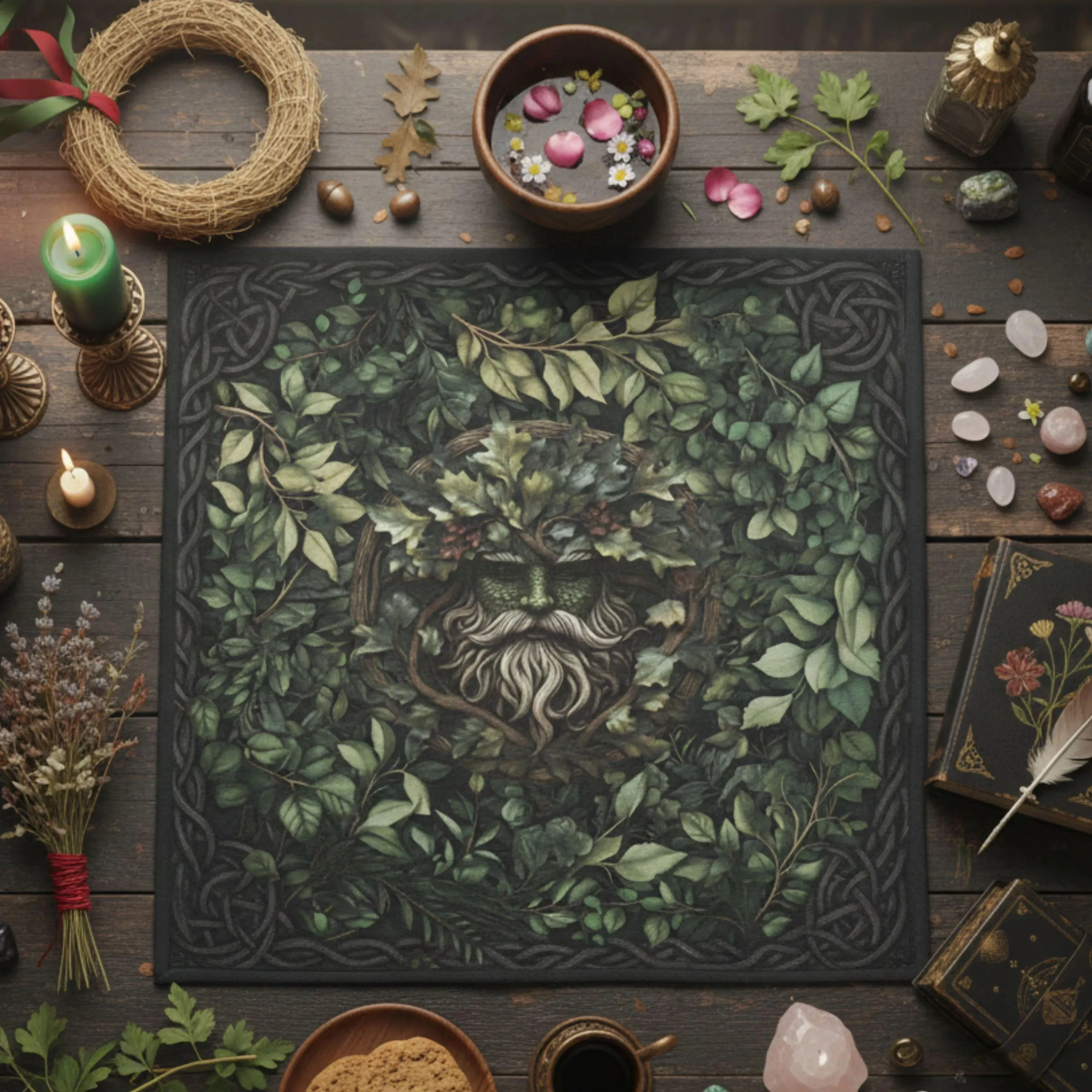 1pc Green Man Altar Cloth, Celtic Knot Nature Spirit Design, Wiccan Pagan Ritual Mat, Tarot Reading Cloth, Flat Print