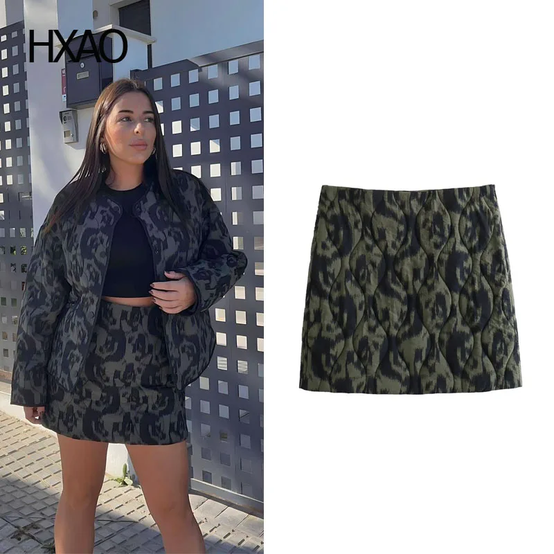 

HXAO Printed Skirt for Women Winter Fashion Down Padded Mini Skirt A-Line Quilted Crop Skirts Female Down Suit Skirts