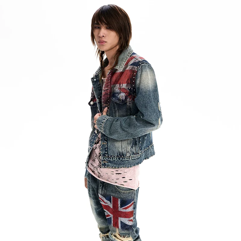 LUZHEN 2026 New Trendy Diamond Patchwork Pattern Vintage Denim Jacket Men's Handsome Gradient Washed Casual Coat Clothes JY9385