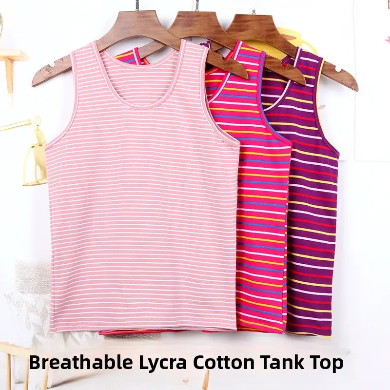 

Women's Loose Fit Elastic Cotton Vest Striped Base Shirt plus Size Comfortable Breathable Summer Top by Jin Meng Xuan