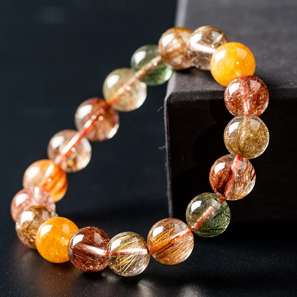 Natural Crystal Colorful Rutilated Quartz Round Beads Bracelet Gemstone Colorful Rutilated Fashion Couple Bracelet Jewelry