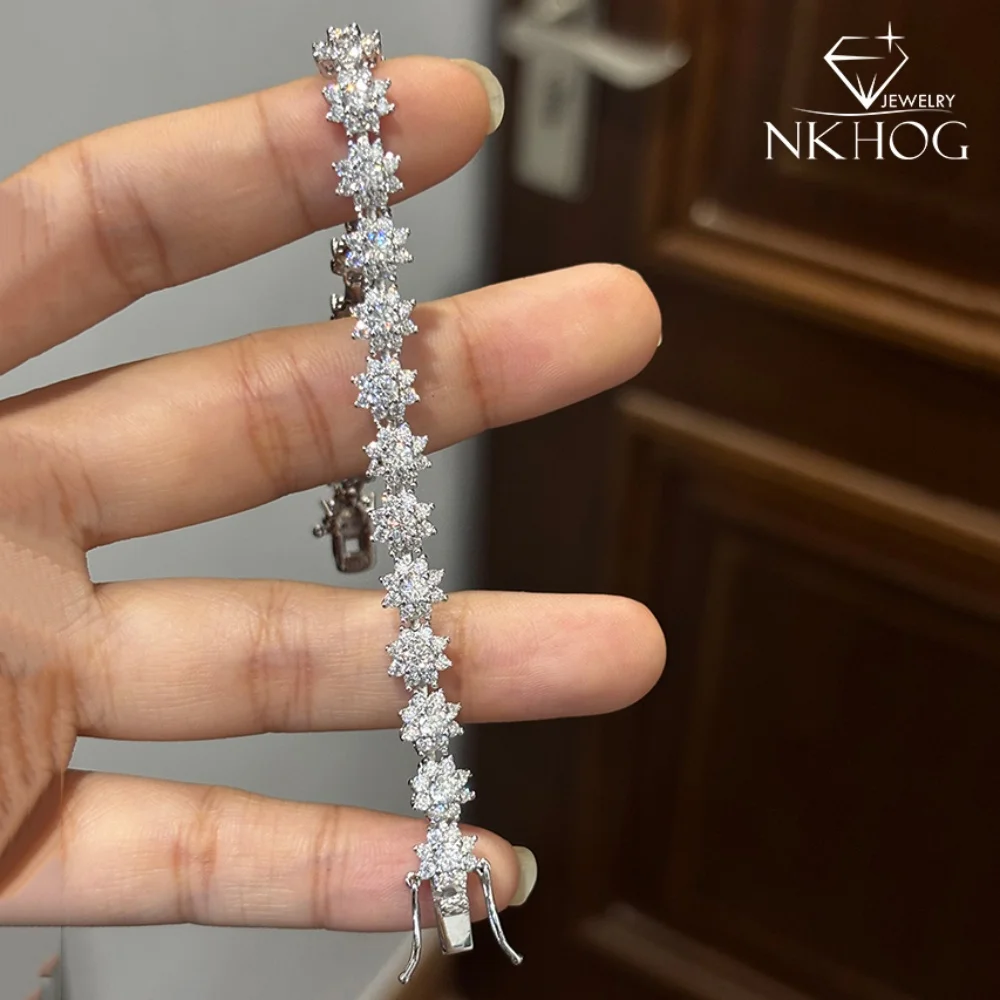 

NKHOG Flower Full Moissanite Tennis Bracelets For Women S925 Silver Sparkling Lab Diamond Hand Chains Gifts Jewelry Certificate