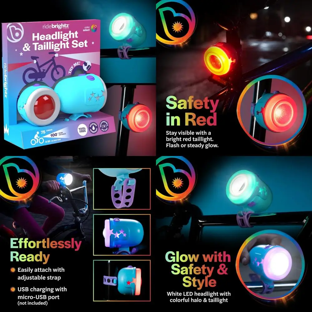 

Ride LED Bike Headlight & Taillight Set for Kids - Be Cool & Be Safe! - 75 Lumen, 100' Beam Distance - Rechargeable - Perfect f