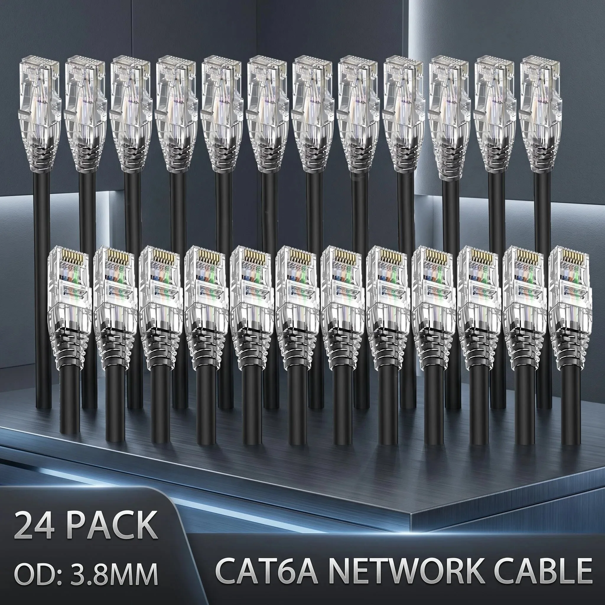 24Pack Cat6a Slim Ethernet Patch Cable 28AWG UTP 10G PoE LAN 0.5/1/2FT 0.1/0.15/0.2/0.3/0.5M Patch Panel Switch flexible