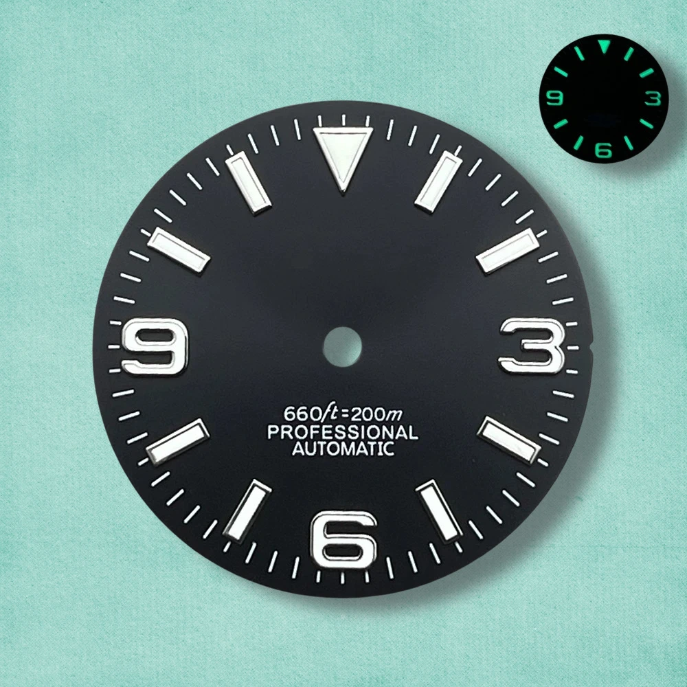 

28.5mm S Logo Ex plorer Sunray Dial Fit NH35/NH36/4R/7S Movement Green Luminous Watch Modification Accessories 3/3.8/4O'clock