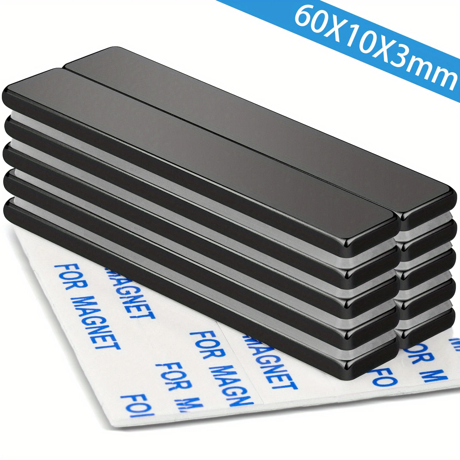 60x10x3mm Large Black Epoxy Coated Neodymium Bar Magnets, High-Performance Rare Earth Magnets with Double-Sided Adhesive