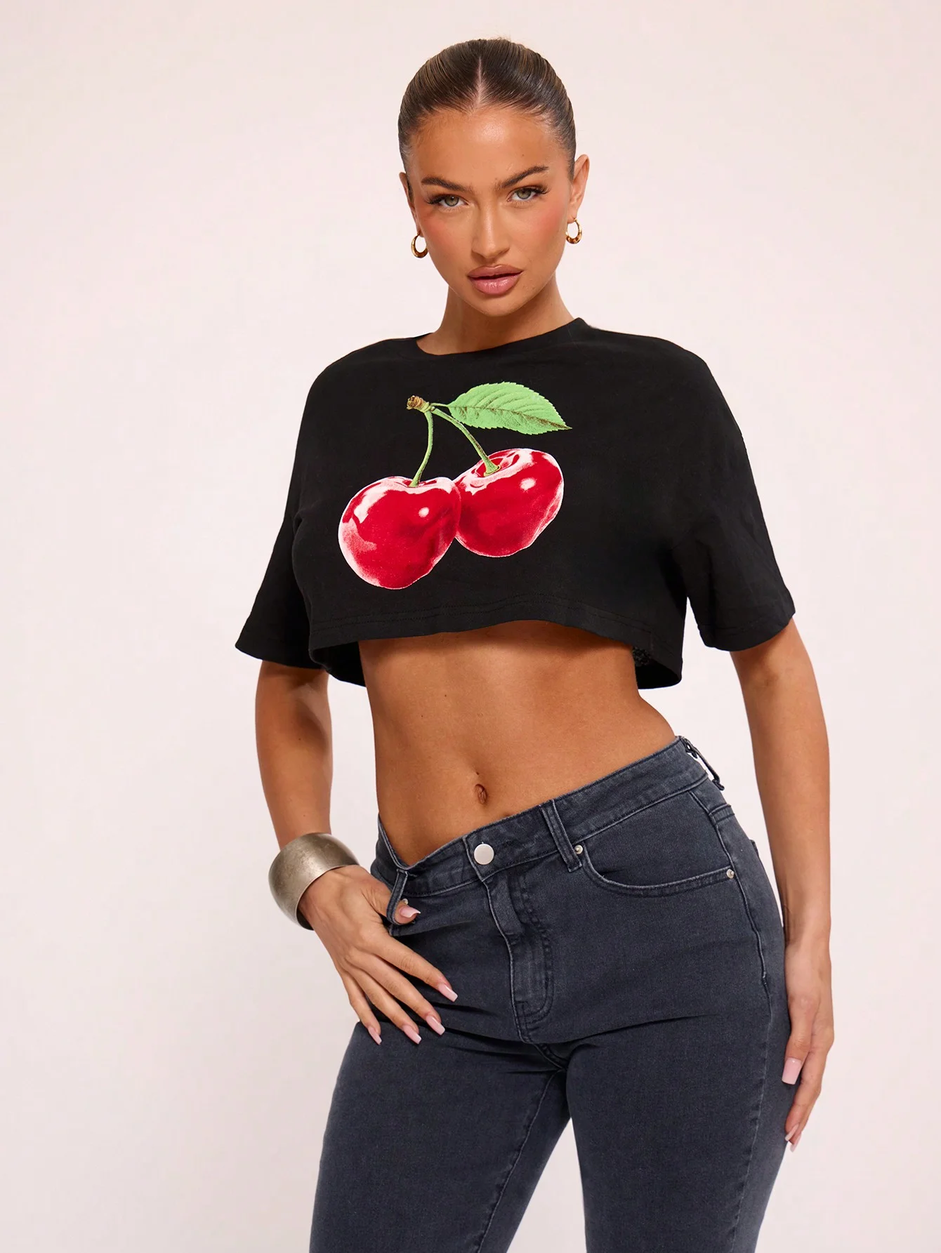 

Women's casual cherry blossom printed crop short-sleeved T-shirt graphic T-shirt