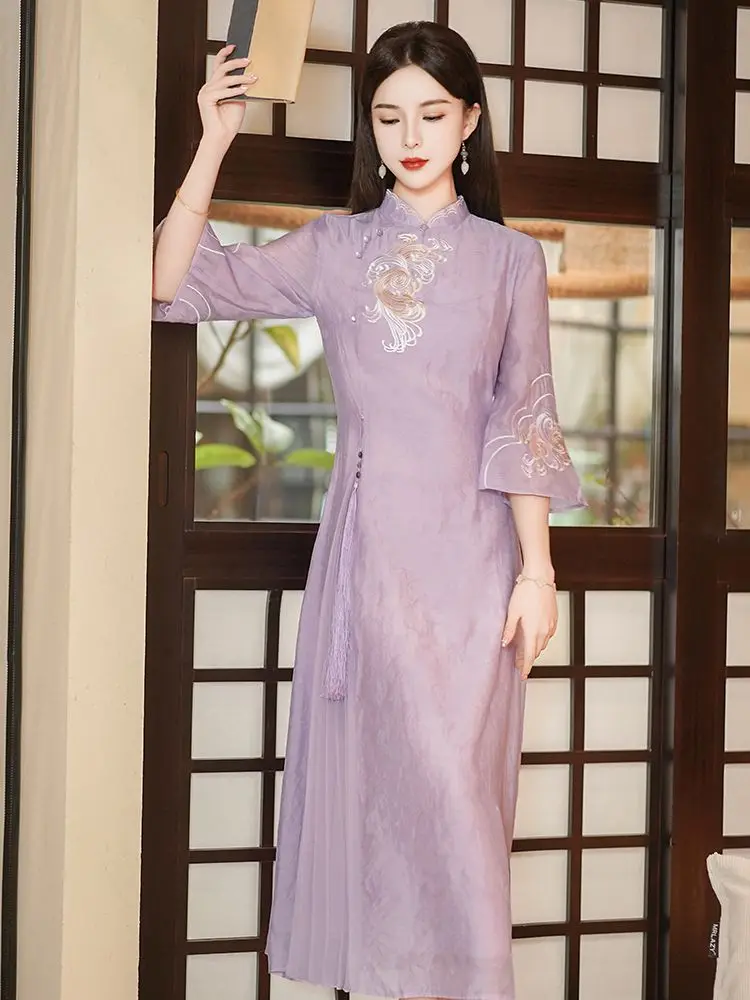 Chinese Style Embroidery Loose Modified Cheongsam Dress mid-length Dress Antique Qipao Dress Women Retro Ao Dai Dress