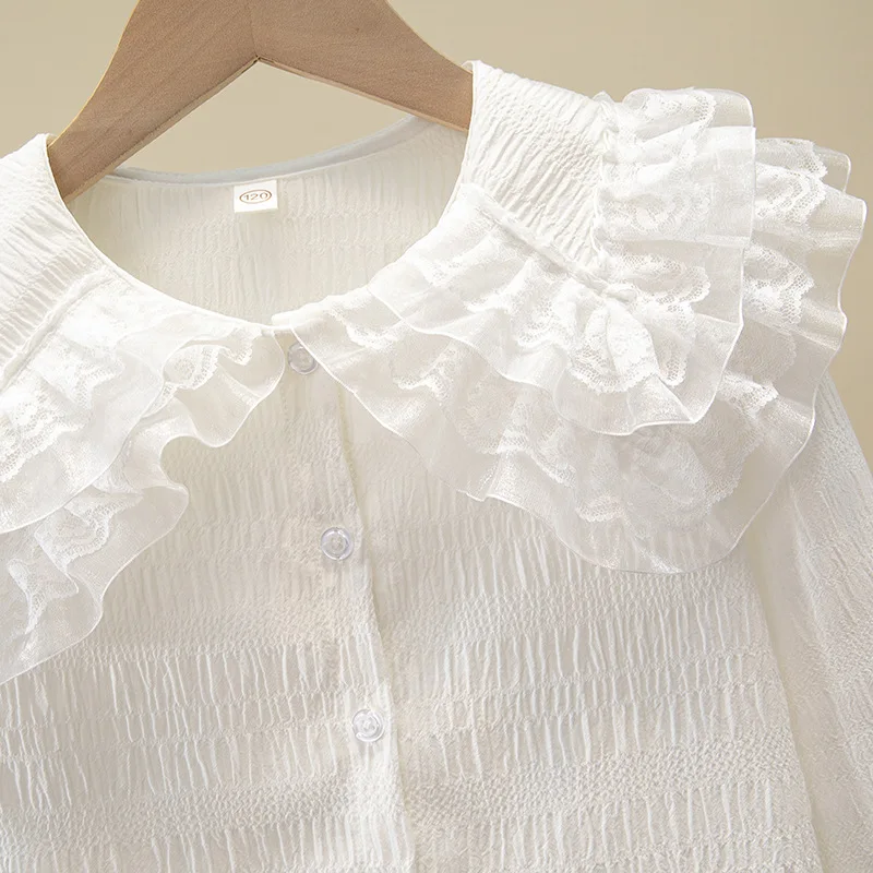 Camicia per bambini bianca a maniche lunghe primavera e autunno uniformi scolastiche abiti da prestazione pizzo ragazze vestiti per studenti 2024