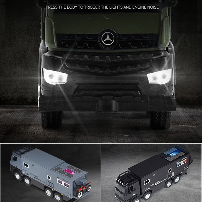 NOMADISMs-Arocs Unimog Motorhome Touring Car Model for Kids, Diecast Metal Toy, Veículos Off-Road RV, Som e Luz Presente, 1:28