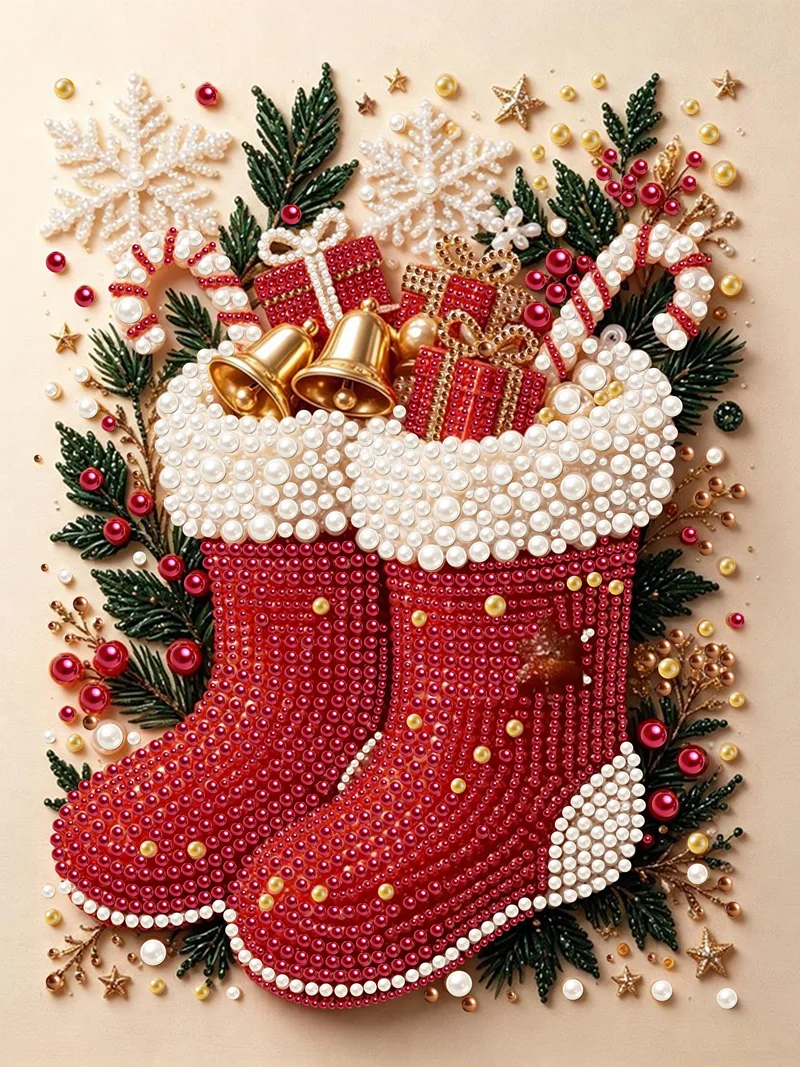 Pintura de Arte con Perlas enmarcada con temática navideña, patrón de botas de Papá Noel y trineo de renos, pintura de diamantes con perlas semicirculares, regalo de decoración para el hogar.