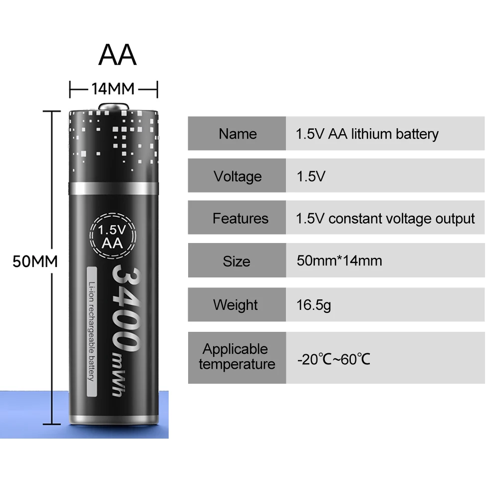 100% Capacity 1.5V AA Rechargeable Battery aa Li-ion Batteries 3400mWh Lithium Cell for Remote Control Wireless Mouse Toy