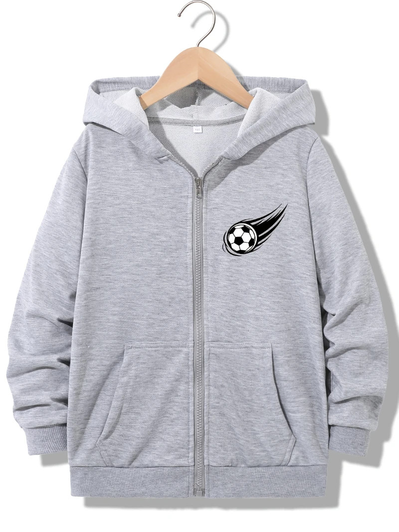 Jaqueta com capuz com estampa de futebol – Casaco esportivo casual com zíper frontal e lavável de futebol para atividades ao ar livre de primavera/outono