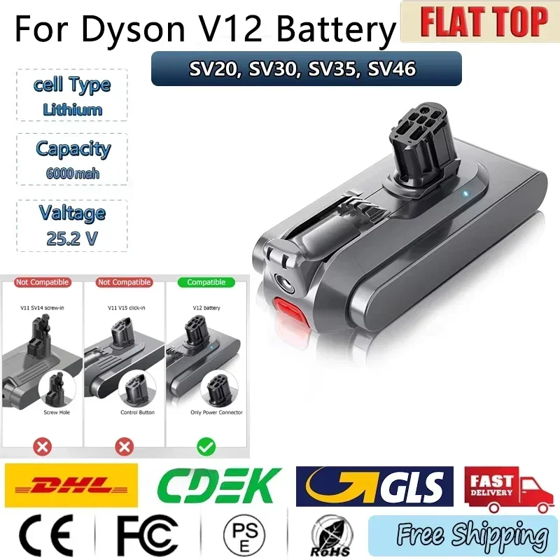 25.2V For Dyson V12 Battery 3000/6000/mAh Compatible With SV20 SV30 SV35 SV46 Battery Vacuum Cleaner Long battery life
