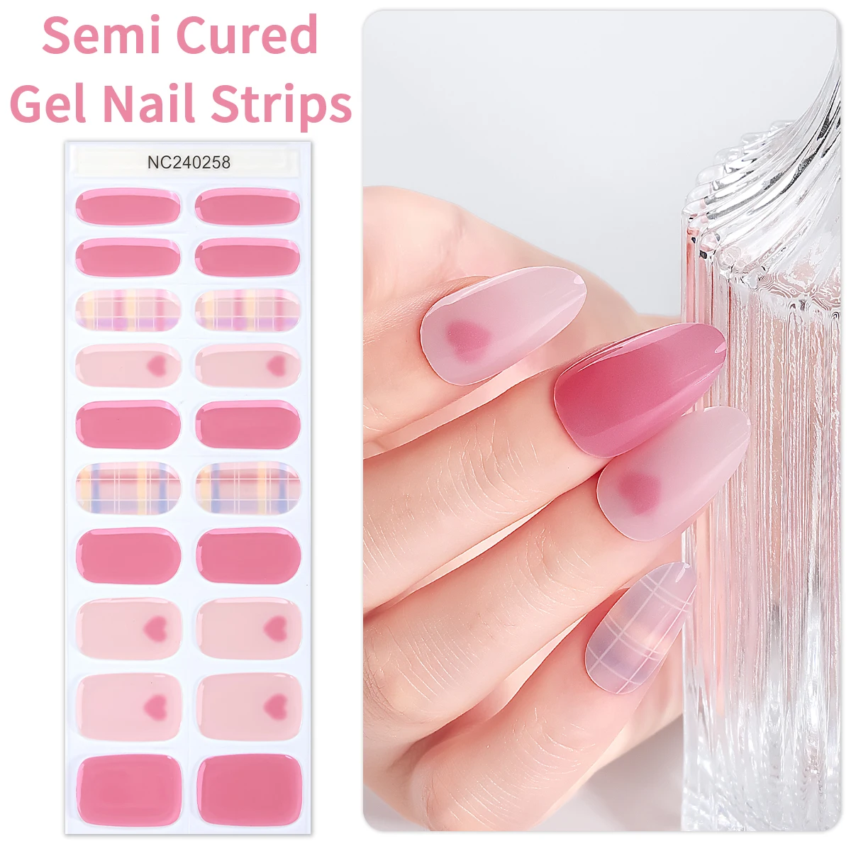 

20Tips French Semi Cured Gel Nail Strips Pink and White Heart Plaid Design Gel Nails Stickers For Women Manicure Decoration