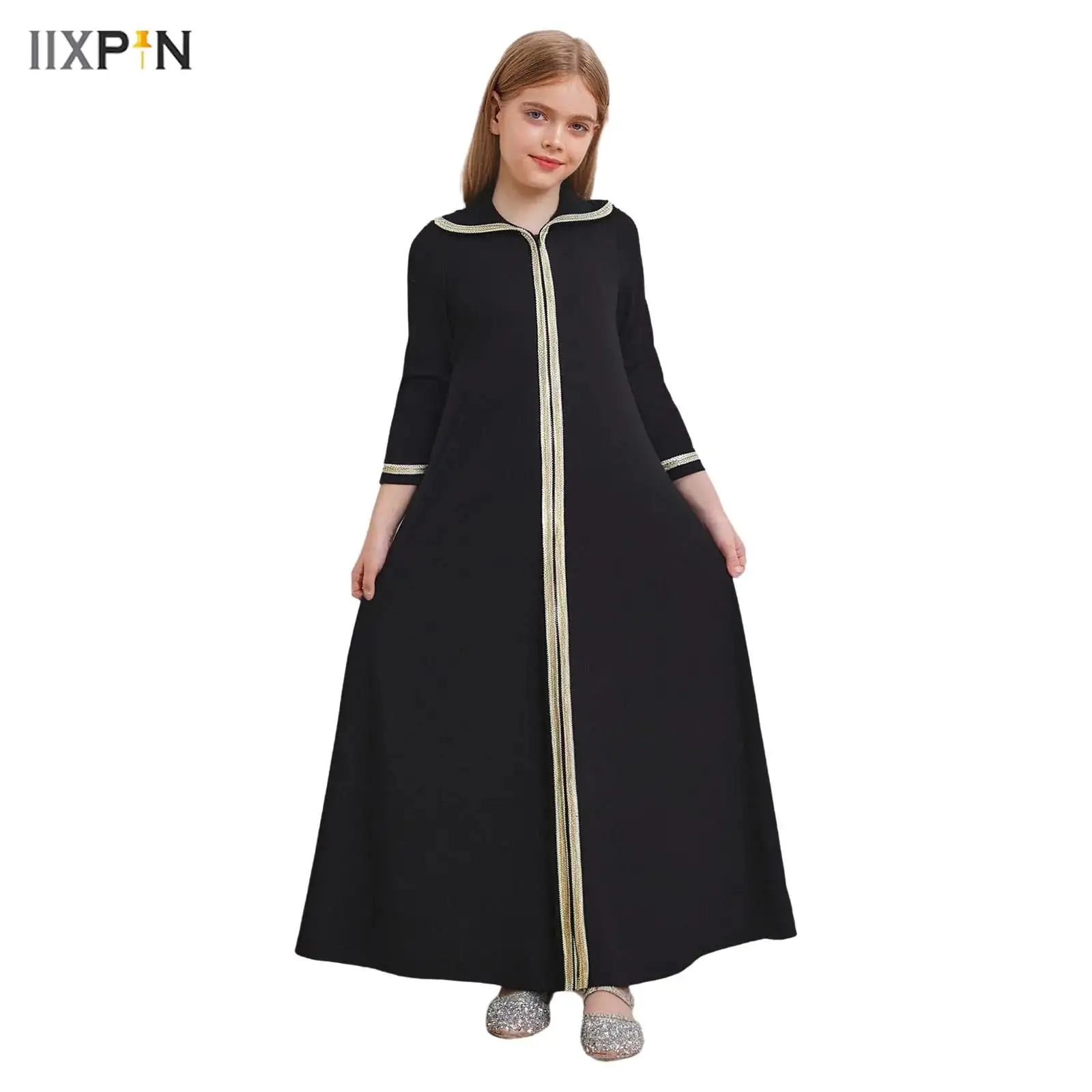 

Kid Girls Hooded Church Robe Long Sleeve Full Length Metal Braided Tape Zipper Closure Party Dress Liturgical Praise Dance Dress