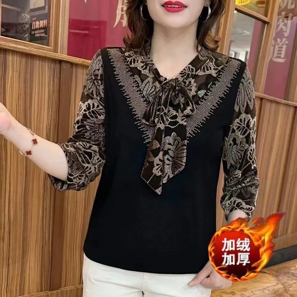 Female Clothing Printed bow collar Neck Shirt Bandage Spring Autumn  Patchwork velvet warm Blouse