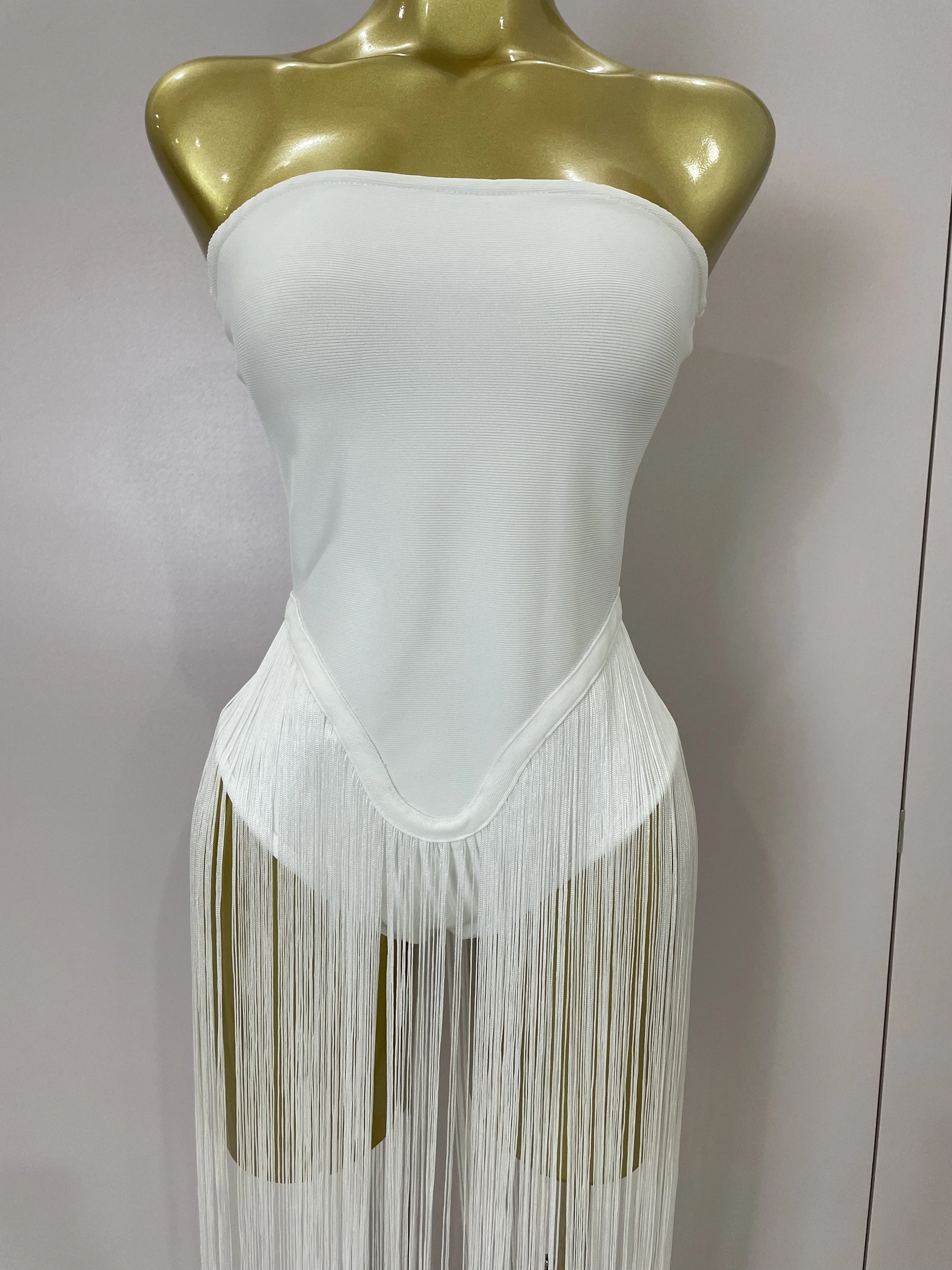 Sexy branco sem alças longo borlas bandagem bodysuit feminino elegante festa de noite luxo aniversário boate cantor palco outfit