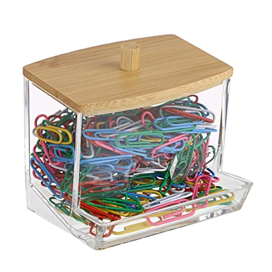 

Clear Paper Clip Holder with Bamboo Lid Thick Acrylic Self-dispensing Office Supply Accessory Organizer Small Storage Holder Cu
