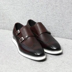 Luxury Mens Casual Sneakers Double Buckle Monk Strap Flats Walk Shoes Men Genuine Leatherr Original Dark Brown Black Shoes 2023