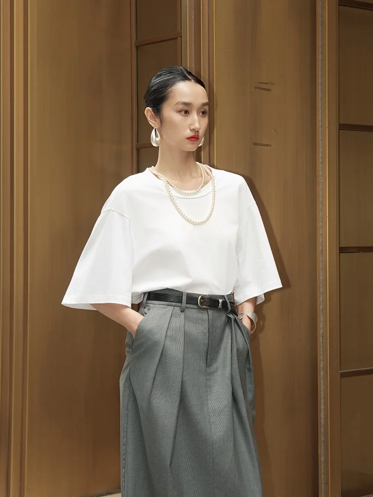 

LemonChen Special Cotton Silk Loose White T-irt Pearl Decoration Casual Wear Ladies Summer Faion Linen Blend round Ne